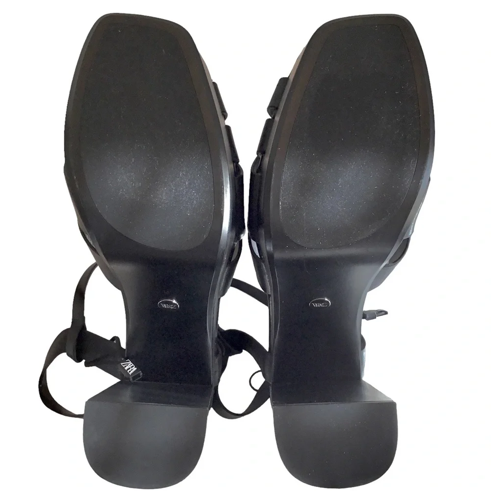 🆕 ZARA Black Y2K Platform Sandals Size 10 Leather  Ankle Strap Retro Sandals - Picture 13 of 16